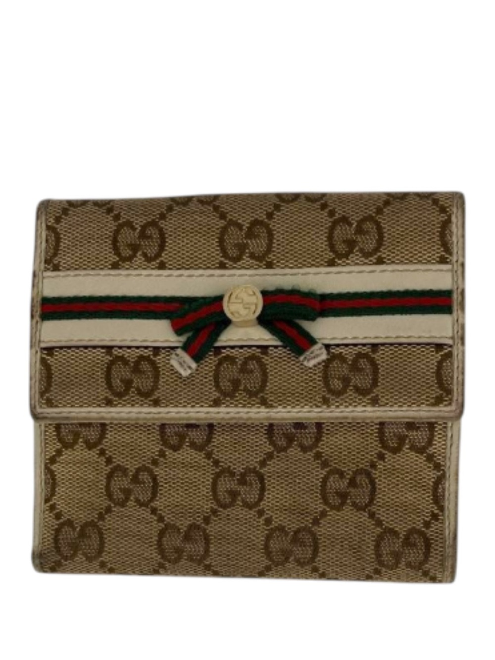 Gucci Beige Brown GG Canvas Bifold Wallet with Green Red Ribbon
